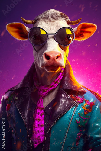 Cow wearing sunglasses and leather jacket with scarf around its neck. Generative AI. © valentyn640
