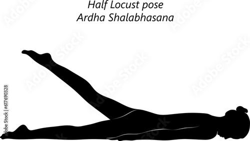 Black silhouette of young woman practicing yoga, doing Half Locust pose. Ardha Shalabhasana. Prone and Backbend. Beginner. Isolated vector illustration.