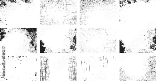 Overlay textures set stamp with grunge effect. Old damage Dirty grainy and scratches. Set of different distressed black grain texture. Distress overlay vector textures.	
