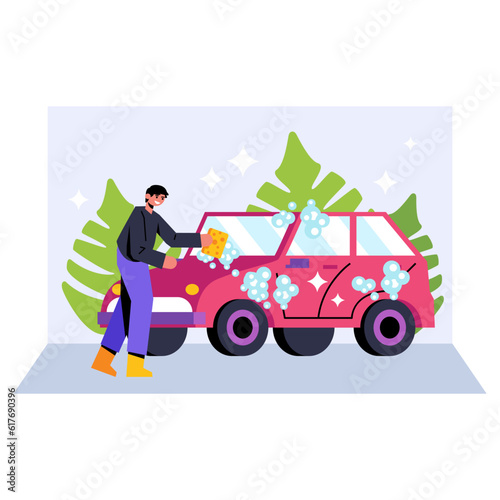 Male worker holding washcloth and washing automobile. Worker carries out complex wash and cleaning. Place for auto transport wash concept. Flat vector illustration in blue and pink colors
