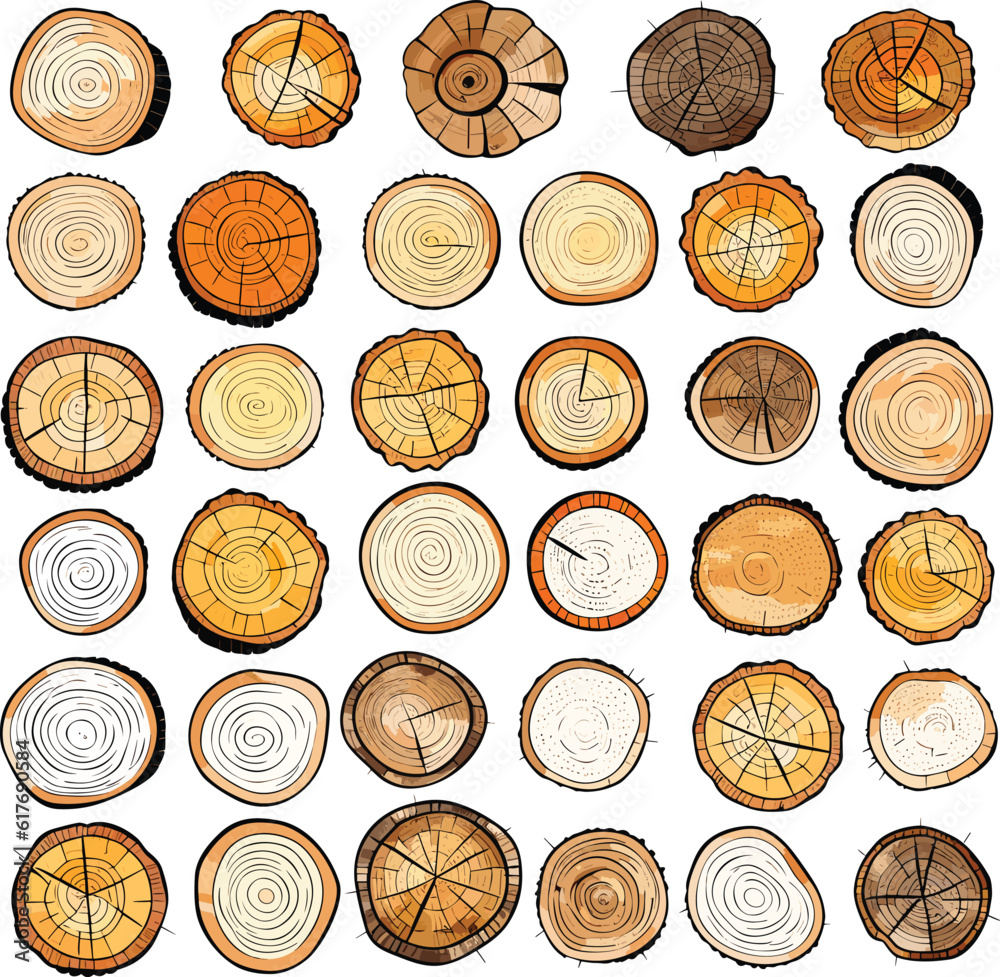 Hand drawn flat wood slices set art with small lines Hand drawn flat wood slices set art with small lines