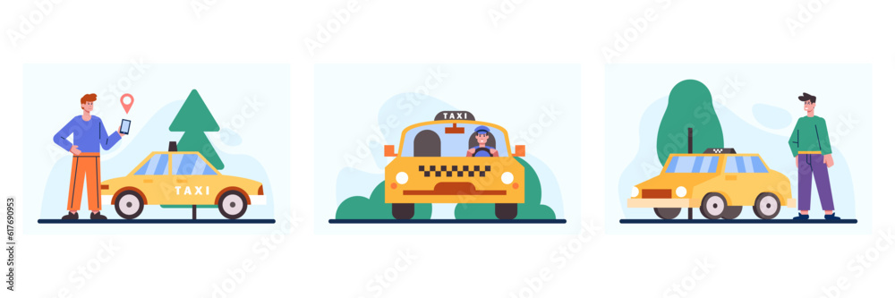 Fototapeta premium Set of passengers and taxi driver. Male holding mobile phone and ordering taxi. Taxi on way to client. Online car order via smartphone. Vector flat illustration in green and yellow colors