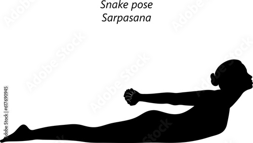 Black silhouette of young woman practicing yoga, doing Snake pose. Sarpasana. Prone and Backbend. Beginner. Isolated vector illustration.