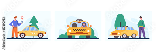 Set of passengers and taxi driver. Male holding mobile phone and ordering taxi. Taxi on way to client. Online car order via smartphone. Vector flat illustration in green and yellow colors © ANDRII