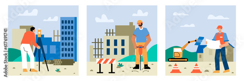 Man in uniform and helmet holding jackhammer and crushing ground. Inspector holding construction plan and controls process. Surveyor takes measurements. Flat vector illustration in blue colors