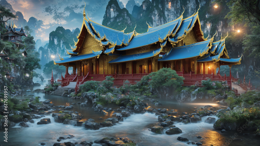 Obraz premium In the morning atmosphere, there is a Thai temple with a big mountain.