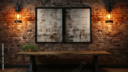 Poster and lamps over the brick Wall. Created with generative AI.