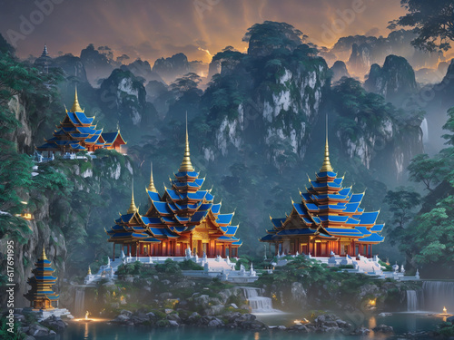 Magnificent Thai temple stands proudly amidst the vastness of the towering mountains while the sky above is adorned with a mesmerizing display of sparkling yellow lights casting an enchanting glow.