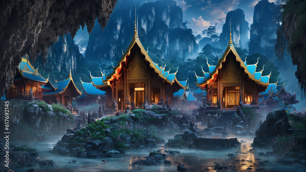Tucked away in the heart of a mysterious valley, a beautiful Thai temple stands as a beacon of tranquility, shrouded in an air of intrigue and ancient secrets.