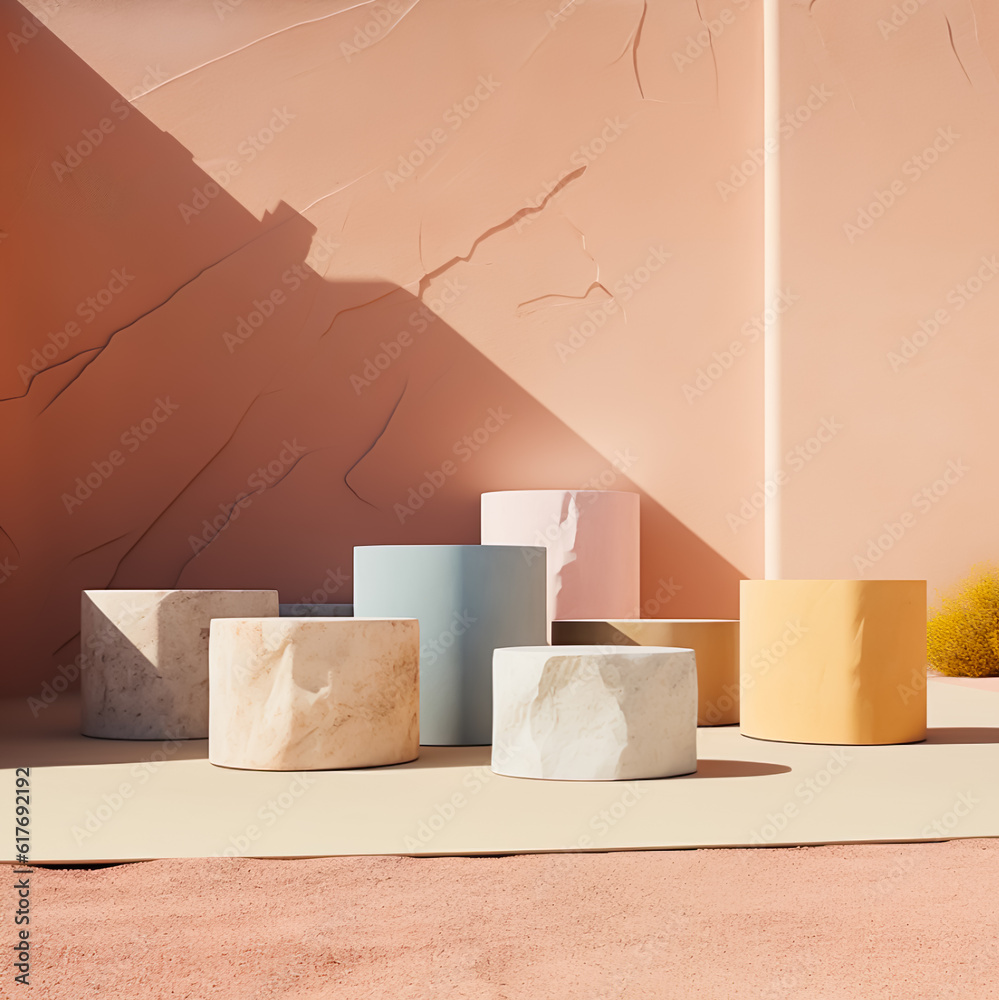 Selective focus podium stand.product placement with rock stone in minmal style background design.mockup table stage for layout.generative ai images Selective focus podium stand.product placement with rock stone in minmal style background design.mockup table stage for layout.generative ai images