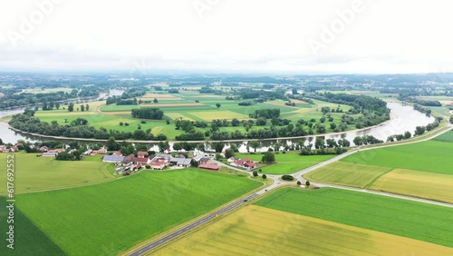 Aerial view, drone video of the river loop near Osterhofen with view of the Danube near Muehlham. Osterhofen, Deggendorf, Lower Bavaria, Bavaria, Germany, Europe photo