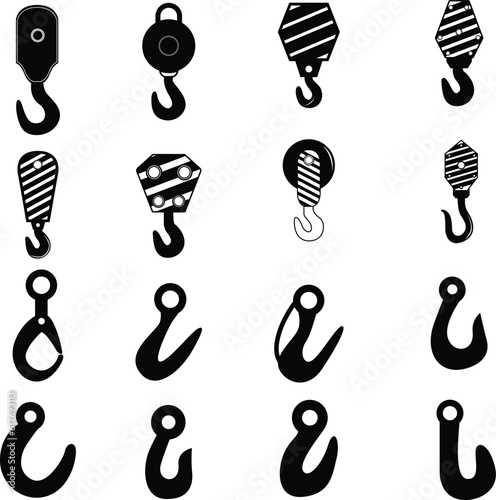 Set of hook crane monogram illustration. Black and white hook crane clipart vector