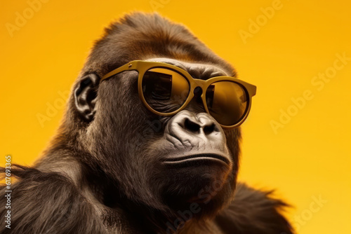 Protective and fashionable, this gorilla dons a pair of sunglasses on a colorful and fun yellow background. A unique addition to any wildlife collection. AI Generative. © sorapop