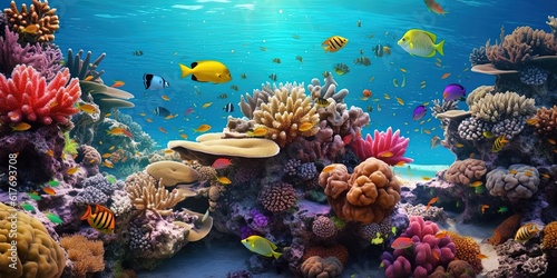 Coral reef with multicolored fishes, underwater view of detailed realistic ocean life in vivid colors