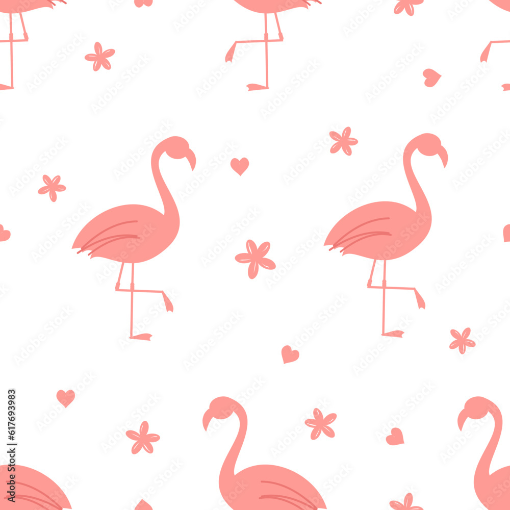 Obraz premium Seamless pattern with pink flamingo, flower and hearts on white background vector illustration.