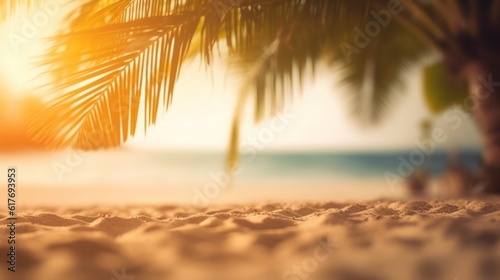 Tropical summer sand beach and bokeh sun light on sea background. Generative AI © Viktor