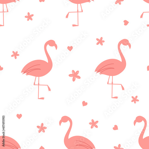 Seamless pattern with pink flamingo, flower and hearts on white background vector illustration. photo