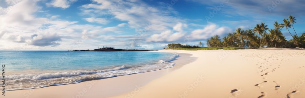 Tropical summer sand beach and bokeh sun light on sea background. Generative AI Tropical summer sand beach and bokeh sun light on sea background. Generative AI