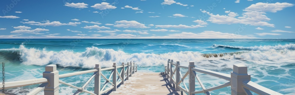 Tropical summer sand beach and bokeh sun light on sea background. Generative AI Tropical summer sand beach and bokeh sun light on sea background. Generative AI