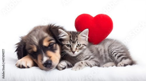 kitten and puppy sleeping on white background with red heart toy created with Generative AI