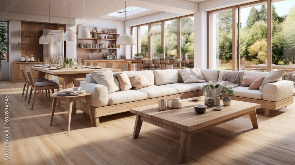 Interior design of modern scandinavian apartment, living room and dining room. Created with generative AI. Interior design of modern scandinavian apartment, living room and dining room. Created with generative AI.