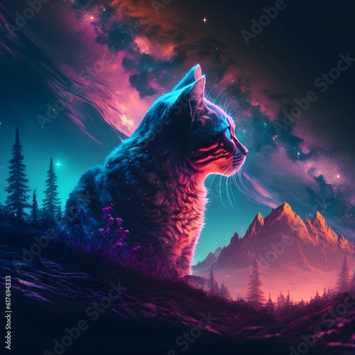 AI generated illustration of a cat illuminated by vibrant lights, perched atop a rocky outcrop