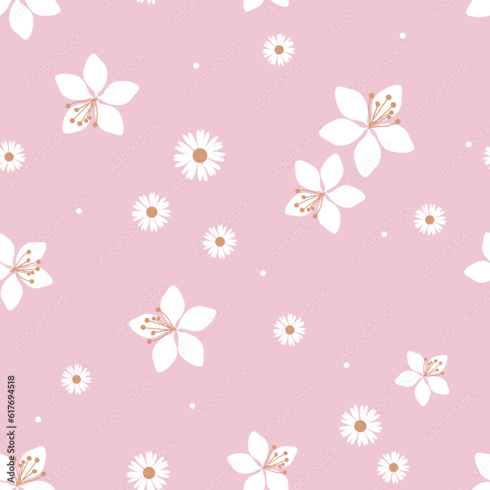 Seamless pattern with daisies and cute flower on pink background vector illustration. Seamless pattern with daisies and cute flower on pink background vector illustration.