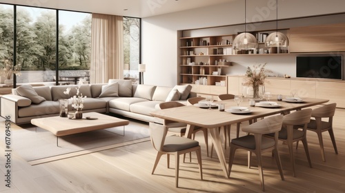 Interior design of modern scandinavian apartment  living room and dining room. Created with generative AI.