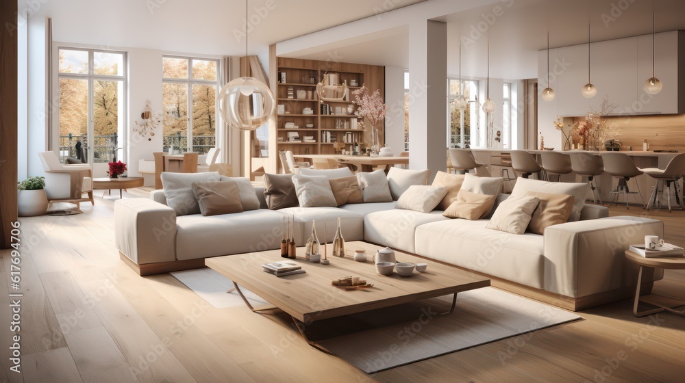 Fototapeta premium Interior design of modern scandinavian apartment, living room and dining room. Created with generative AI.