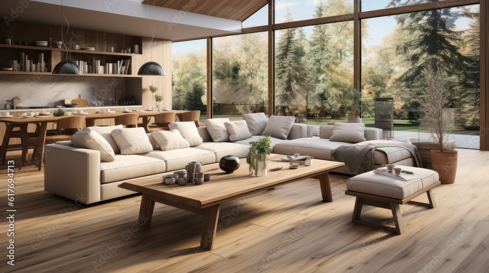 Fototapeta premium Interior design of modern scandinavian apartment, living room and dining room. Created with generative AI.