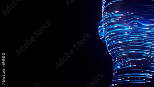 Human face abstract digital animation. 3D rendering of artificial intelligence. Concept of big data cyber security or metaverse.