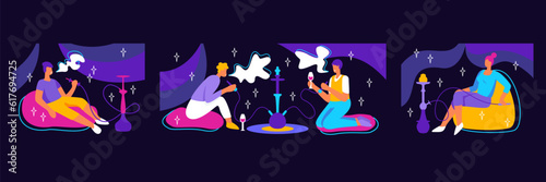 Set of different young men and lady relaxing and smoking hookah in club or bar at night. Concept of tobacco smoking. Flat vector illustration in cartoon style with dark background