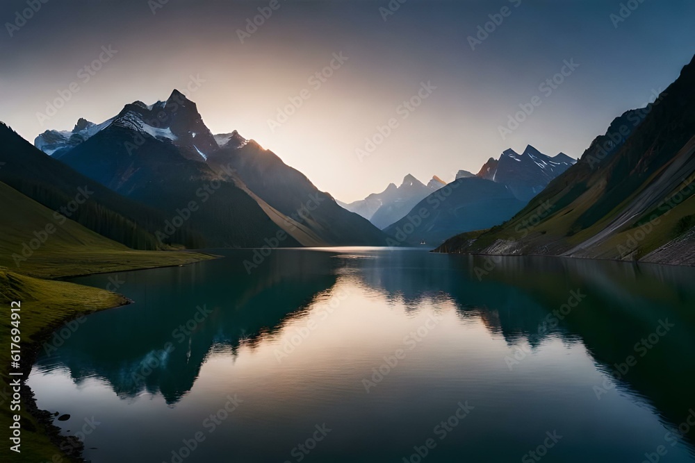 Fototapeta premium Witness the majestic dawn as the sun gently rises over towering mountains, casting its warm glow on the tranquil landscape. AI art captures the breathtaking beauty of this moment, showcasing
