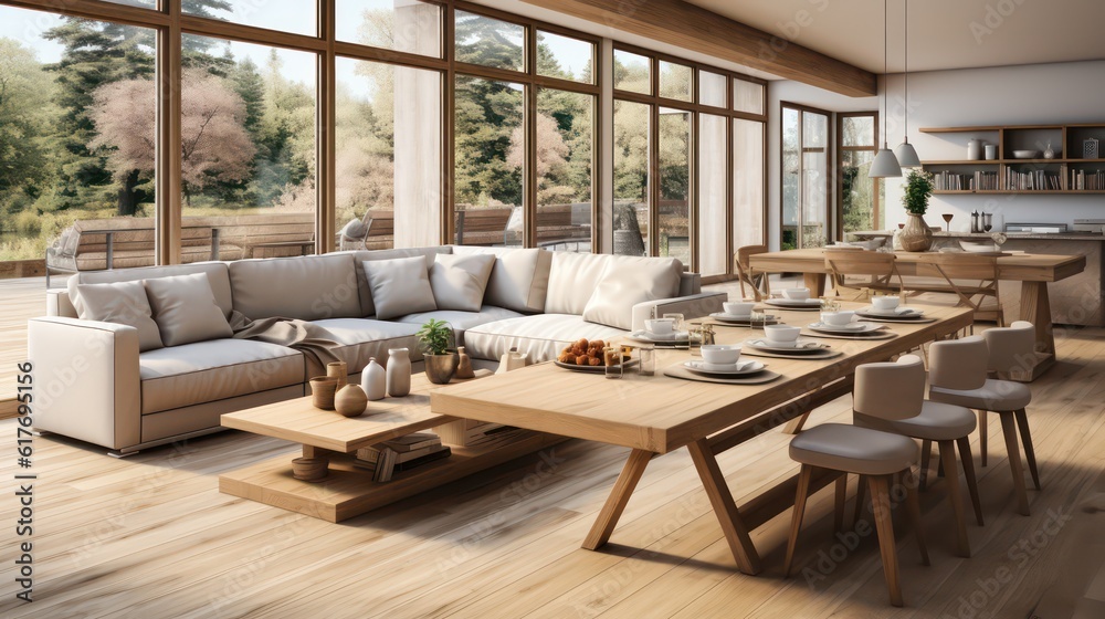 Interior design of modern scandinavian apartment, living room and dining room. Created with generative AI. Interior design of modern scandinavian apartment, living room and dining room. Created with generative AI.