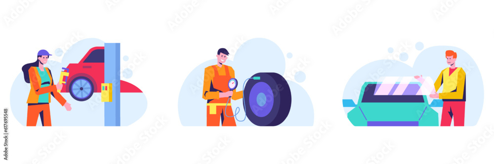 Set of different workers working in car service. Woman refueling car with gasoline on gas station. Male checking tire pressure with tool. Man doing windshield replacement. Flat vector illustration