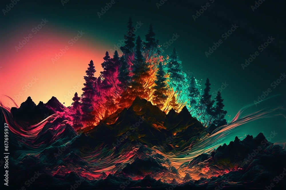 many trees on the mountain and a rainbow - colored sky