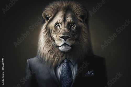 lion in a suit wearing a blue tie and a jacket
