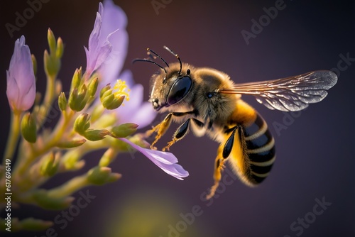 a bee flies toward a flower next to purple flowers with one eye open © Achilles Studio/Wirestock Creators