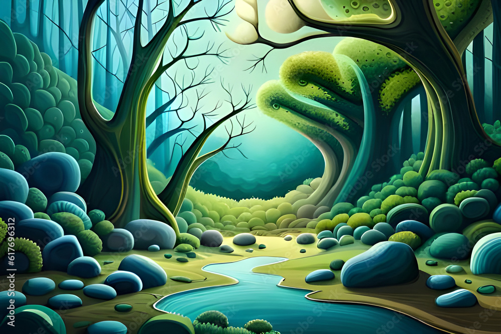 Nature background with green trees and river, surreal wallpaper, illustration abstract painting, generative ai