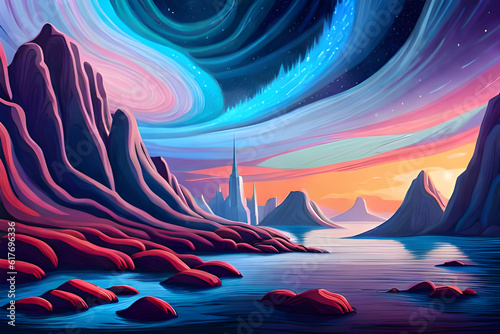 Fantasy sci-fi landscape with mountains and ocean, starry sky, wave pattern wallpaper, Vector abstract illustration, generative ai © Nora