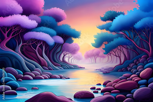 Illustration of a beautiful nature landscape with trees and lake at sunset  blue and purple fantasy abstract  generative ai