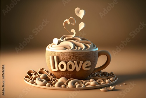 a cup is on a saucer with the word love on it