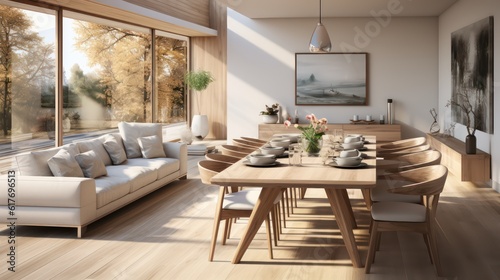 Interior design of modern scandinavian apartment, living room and dining room. Created with generative AI. © Muzaffer Stock