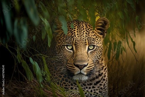 a leopard standing under some tall branches with its eyes open