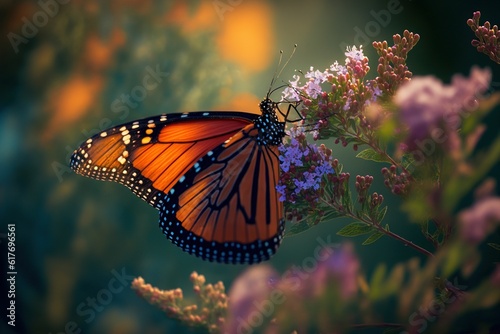 a butterfly is perched on a flower with purple flowers in the background © Achilles Studio/Wirestock Creators