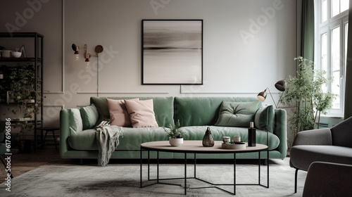 Home interior mock up with green sofa  table and decor in living room.