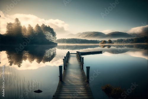 wooden dock in calm water with mountains and fog in the background