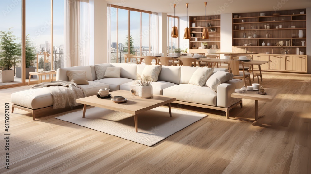 Interior design of modern scandinavian apartment, living room and dining room. Created with generative AI.