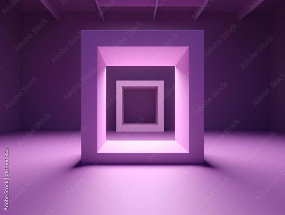 Fototapeta premium Minimalist 3D scene only with big hollow frame perspective purple geometric showroom for presentation illustration. Generative Ai