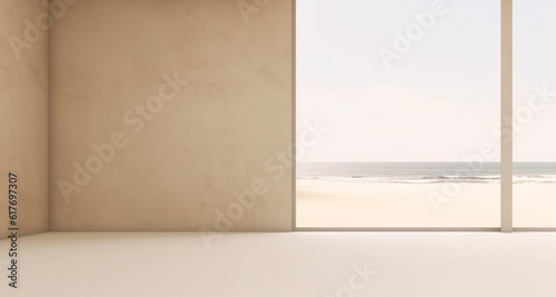Beige modern empty interior with sand beach ocean in wide window blank wall background for presentation illustration. Generative Ai